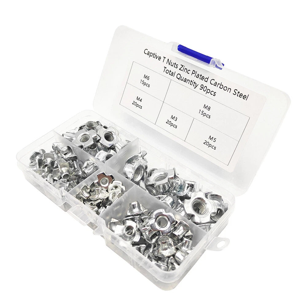 90Pcs Carbon Steel T-Nuts Assortment M3 M4 M5 M6 M8 for Various Applications