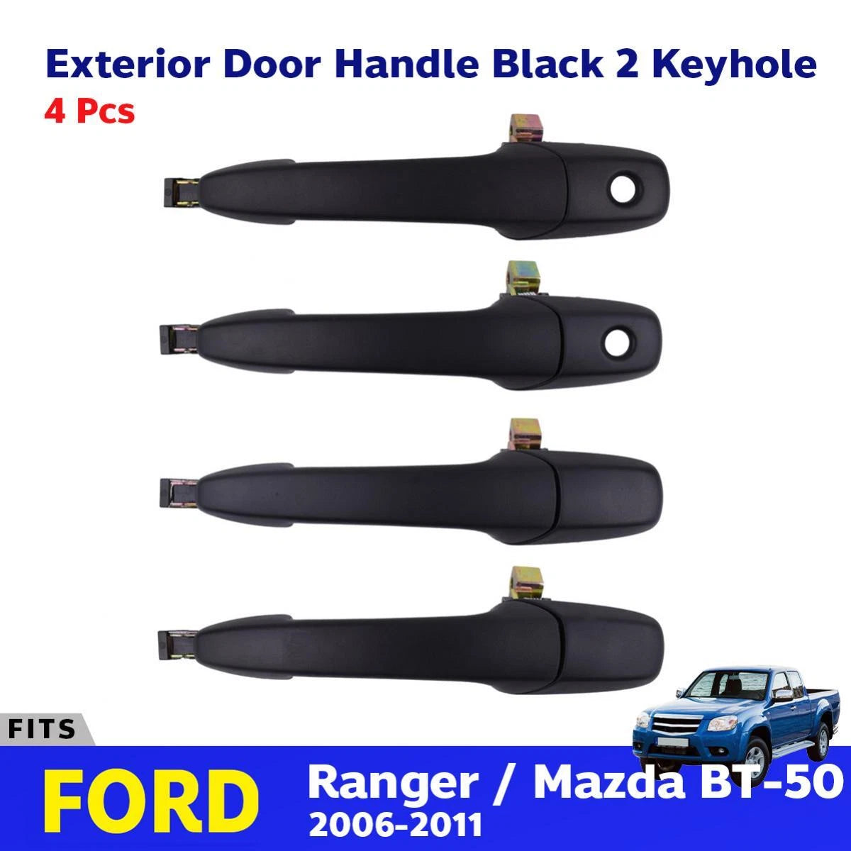 Set Exterior Door Handles Black 2 Keyhole Fits Ford Ranger / Mazda BT-50 2006-11