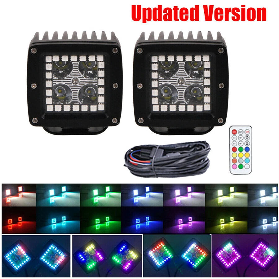 3" Spot Cube Pods LED Work Lights w/Chasing RGB Angel Eyes for Car