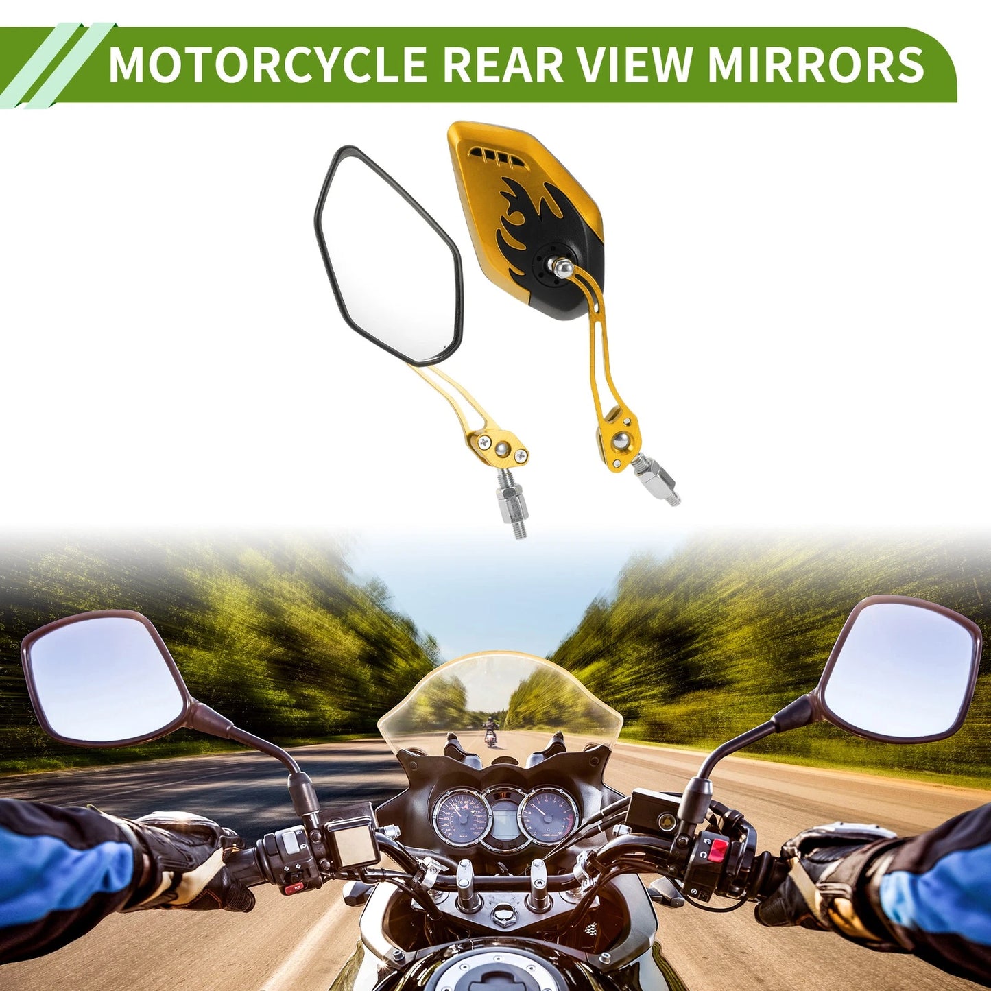Rear-View Mirror Polygonal Shape Black Gold Tone Plastic for M8/M10 Motorcycle