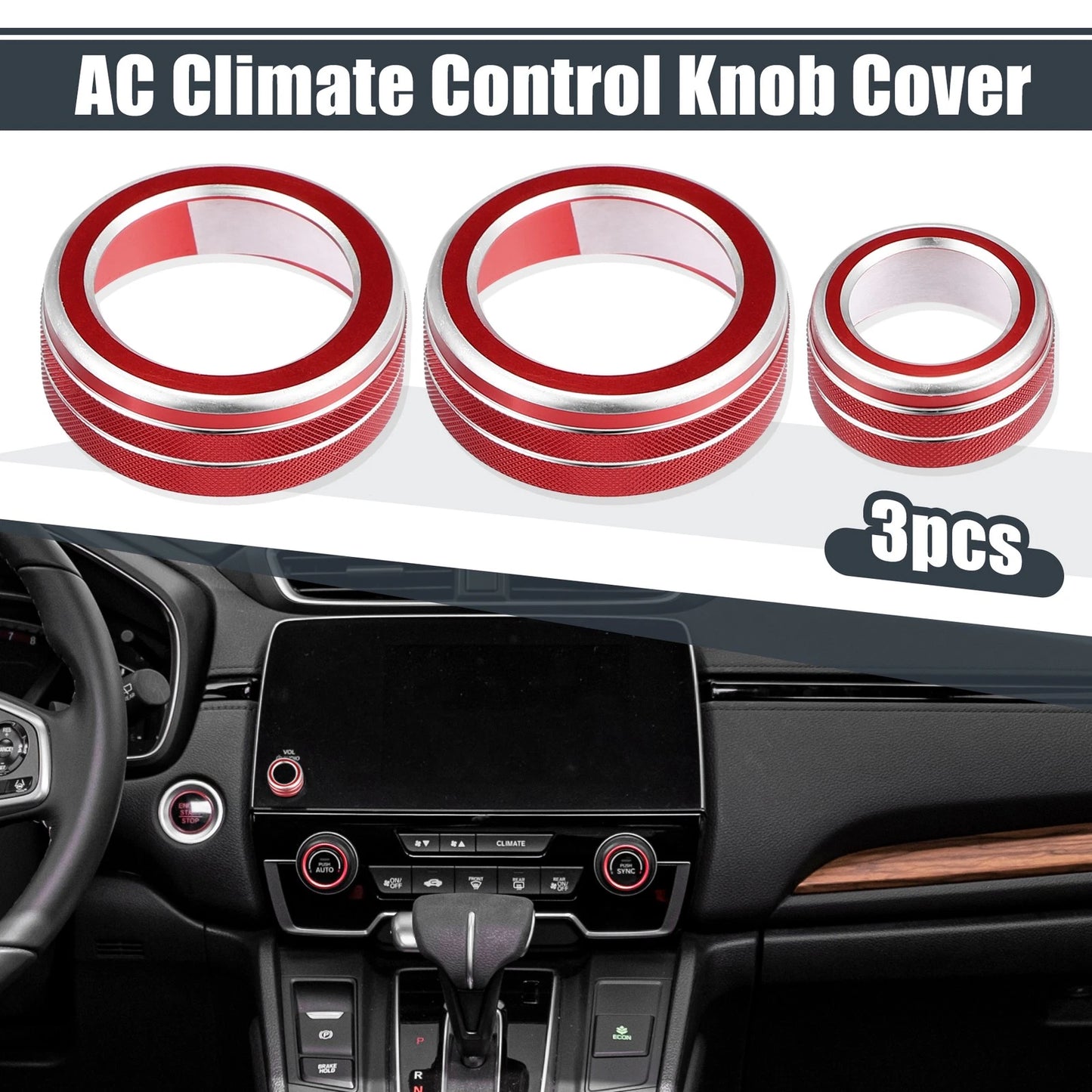 3 x AC Knob Ring Covers for Honda CR-V (2017-2021) Red