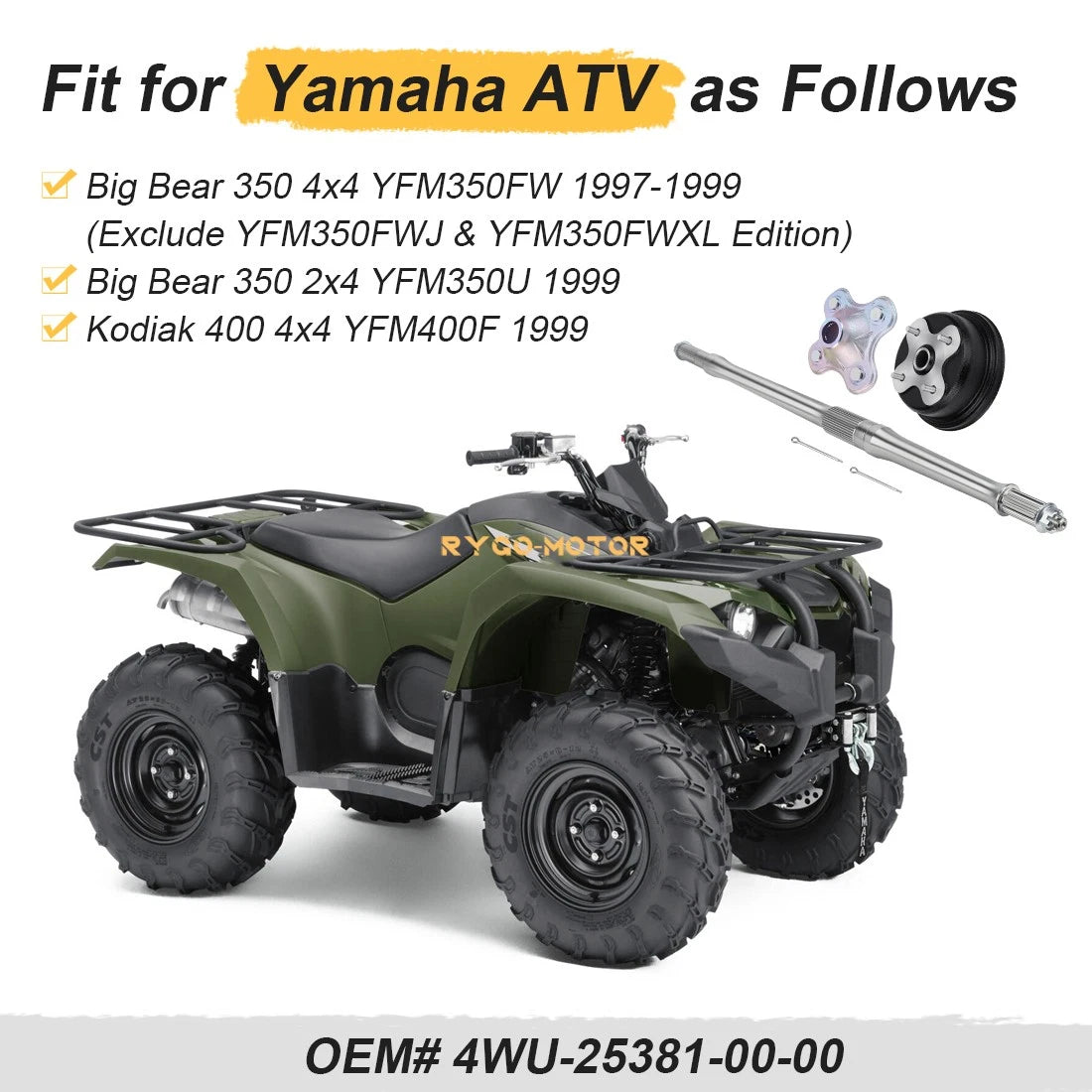 Rear Axle Shaft & Drum Hub for Yamaha Big Bear 350 Kodiak (1997–1999)
