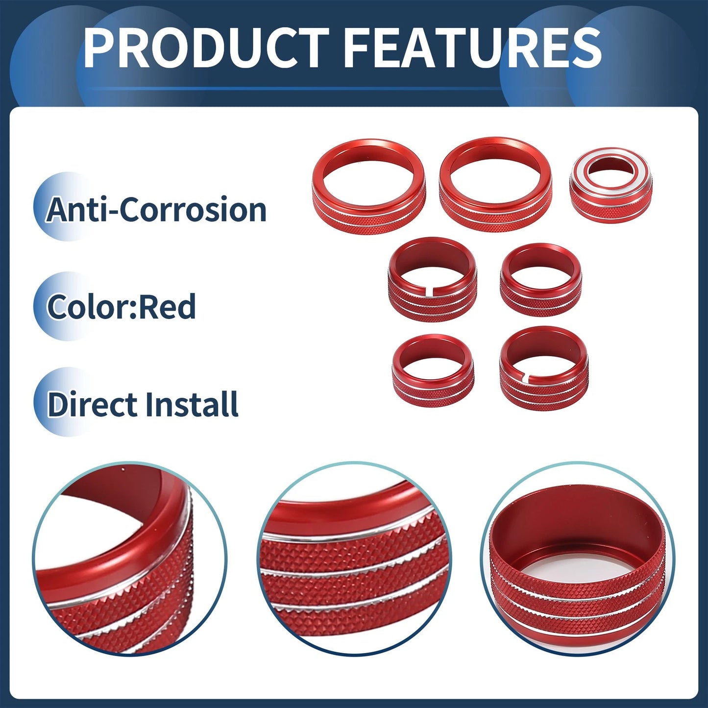 4WD Headlight Switch Knob Cover Ring Red for GMC Canyon (2015-2022) 7Pcs