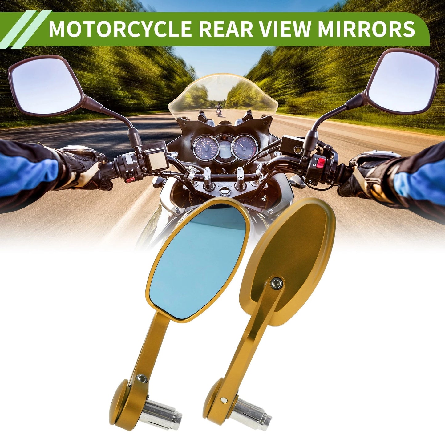 1 Set Motorcycle Rear View Mirrors Oval Shape Gold Tone Aluminum Alloy