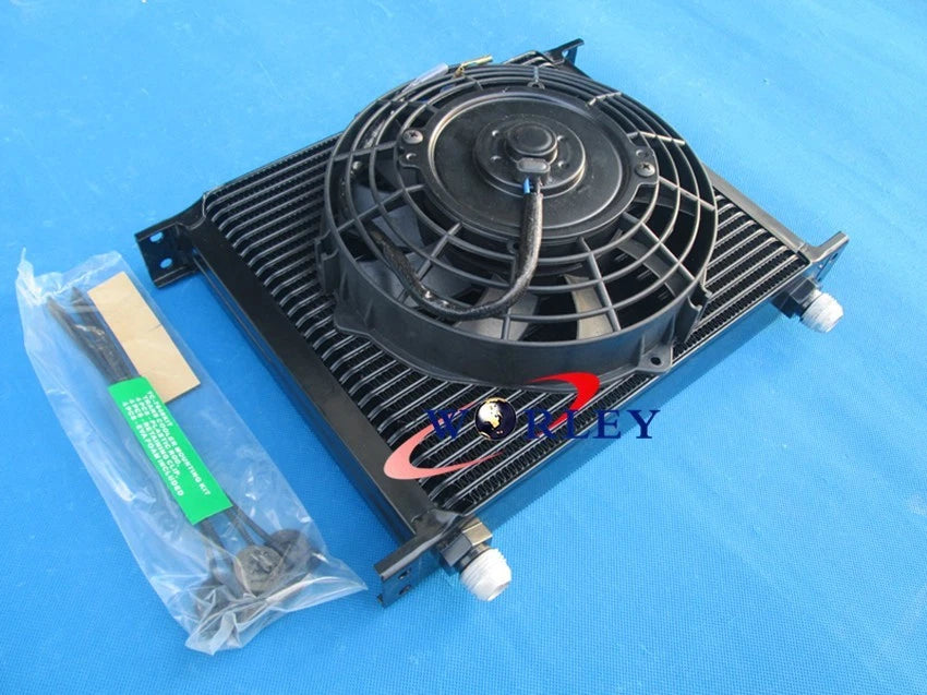 30 Row Alloy Engine Transmission Oil Cooler + 7" Electric Fan for Universal
