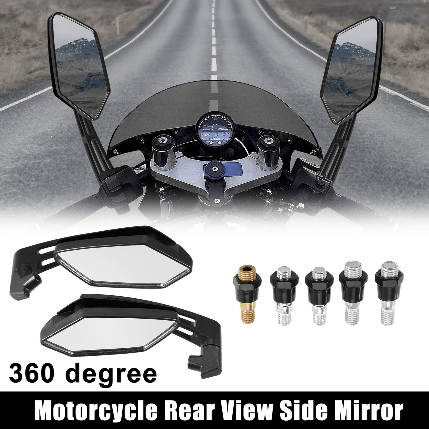 Set 360 Degree Rearview Mirrors 8mm 10mm for Universal Black