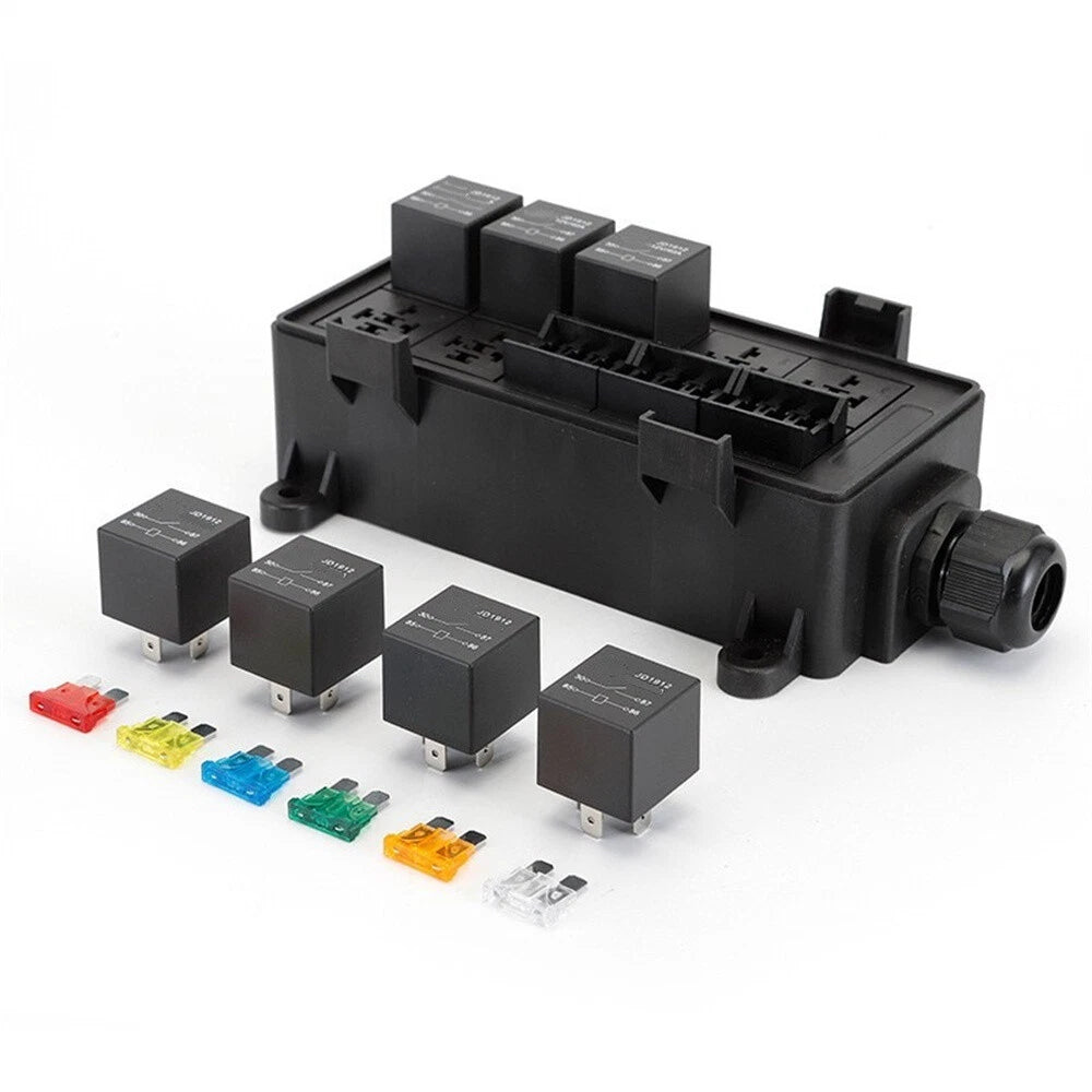 9-Way Fuse Relay Box with 5-Pin 40A Relays & Fuses for Car, Truck, Boat