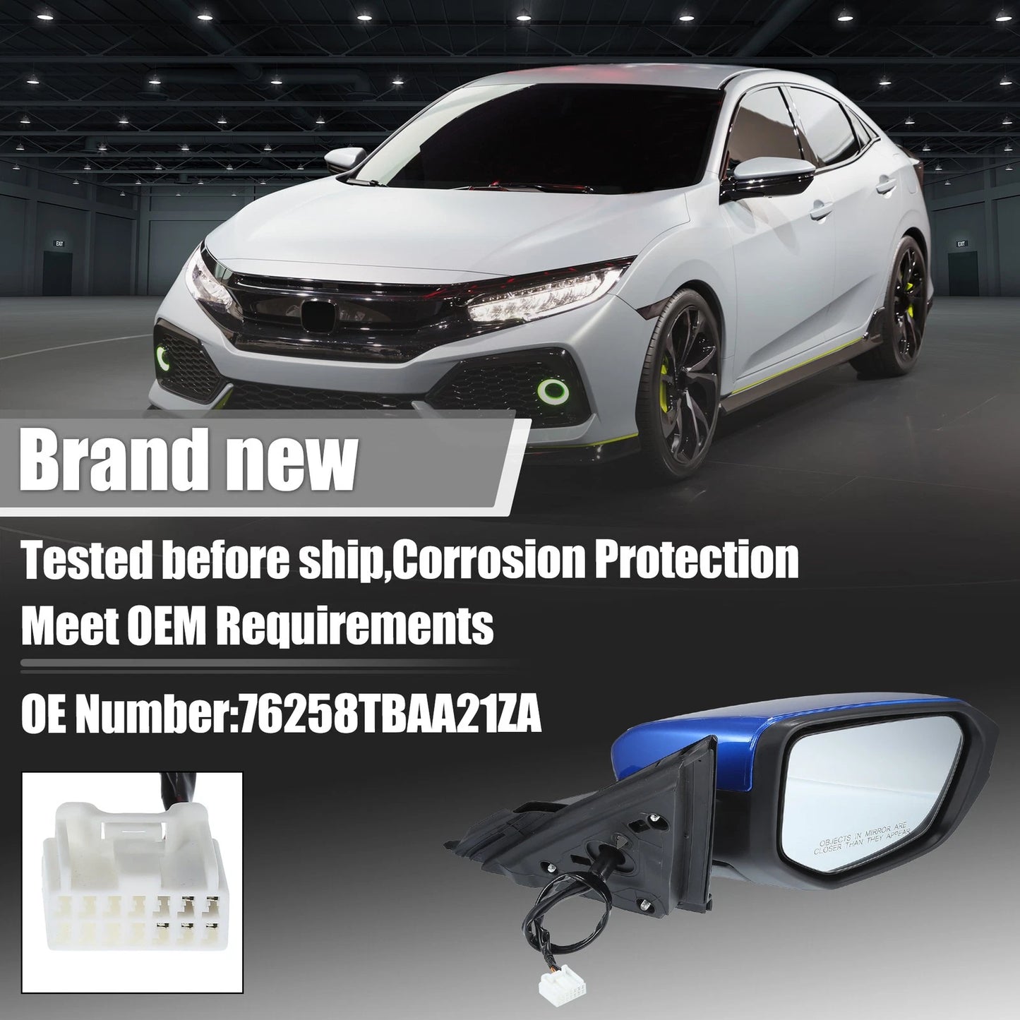 5 Pin Right Side Door Mirror Assembly Blue for Honda Civic (2016-2020)