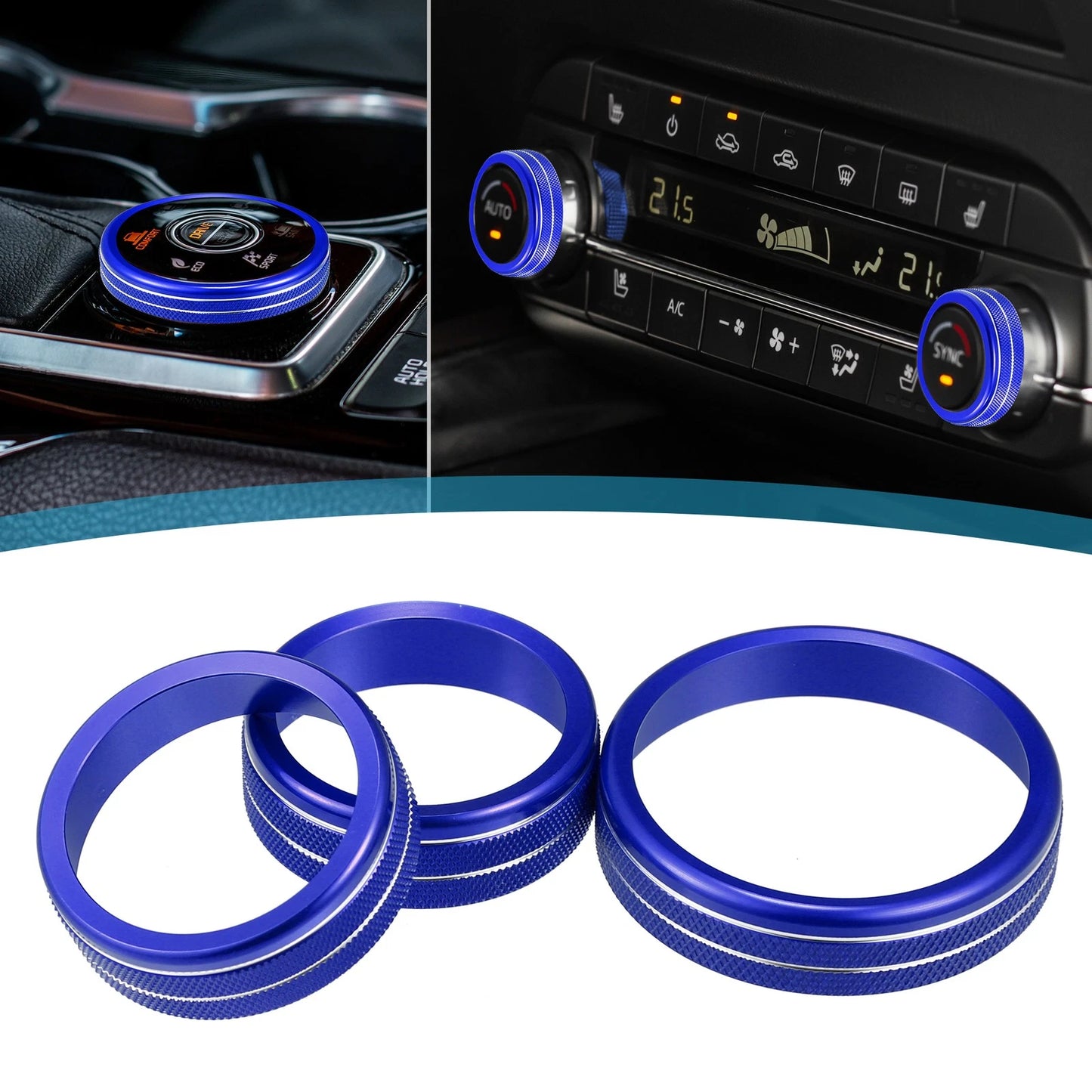 3 x Console AC 4WD Mode Switch Knob Rings for Nissan Rogue (2021-2022) Blue