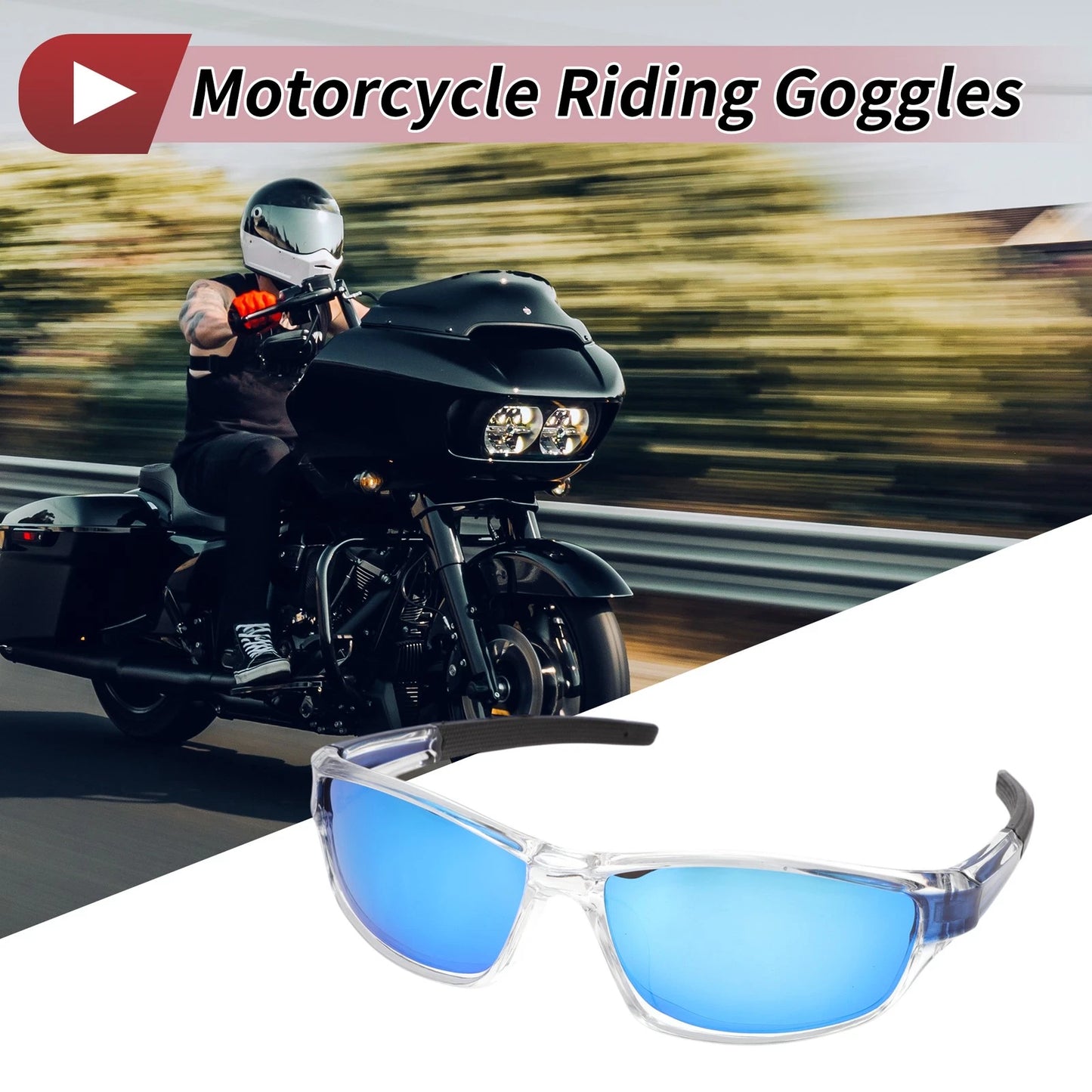 Motorcycle Riding Goggles Ice Blue Lens Transparent Frame Tri-acetel Cellulose