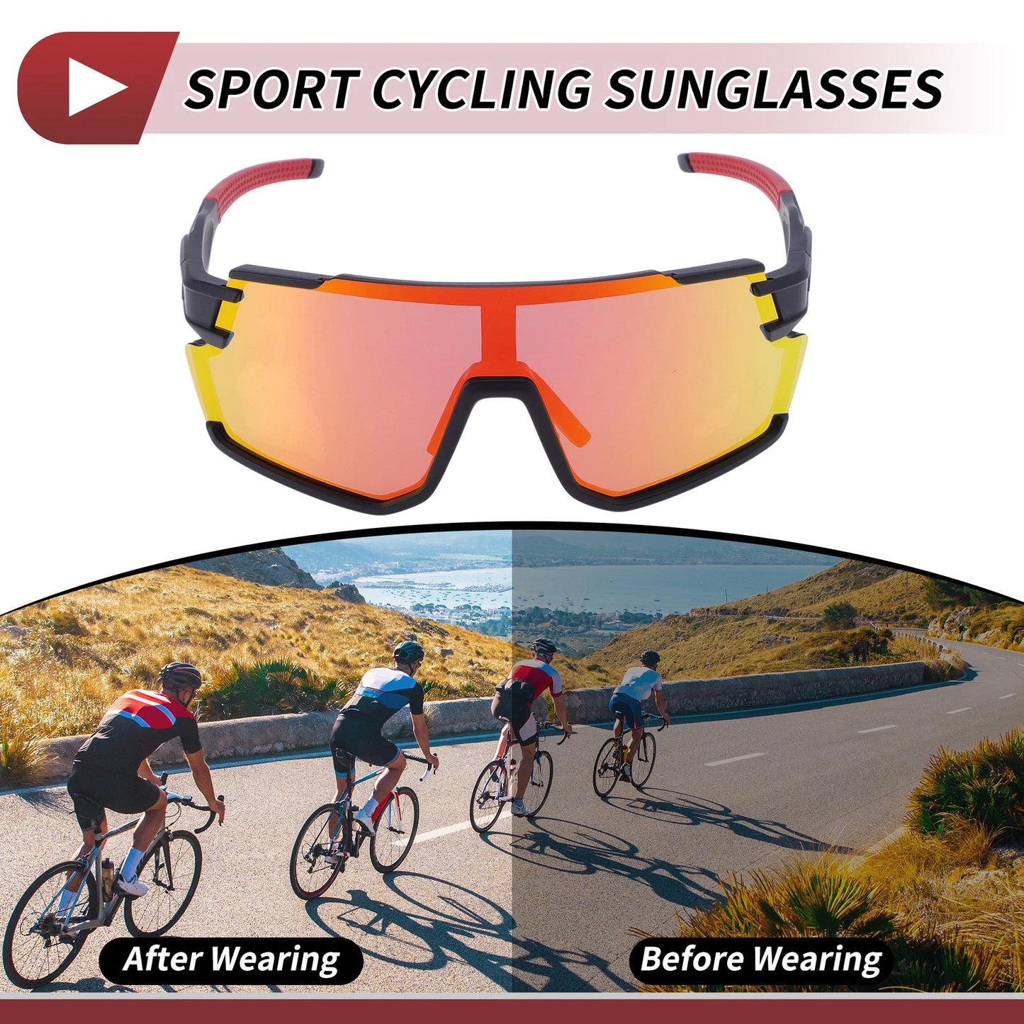 Goggles for Motorcycle Riding Red Lens Black Frame Outdoor Sunglasses