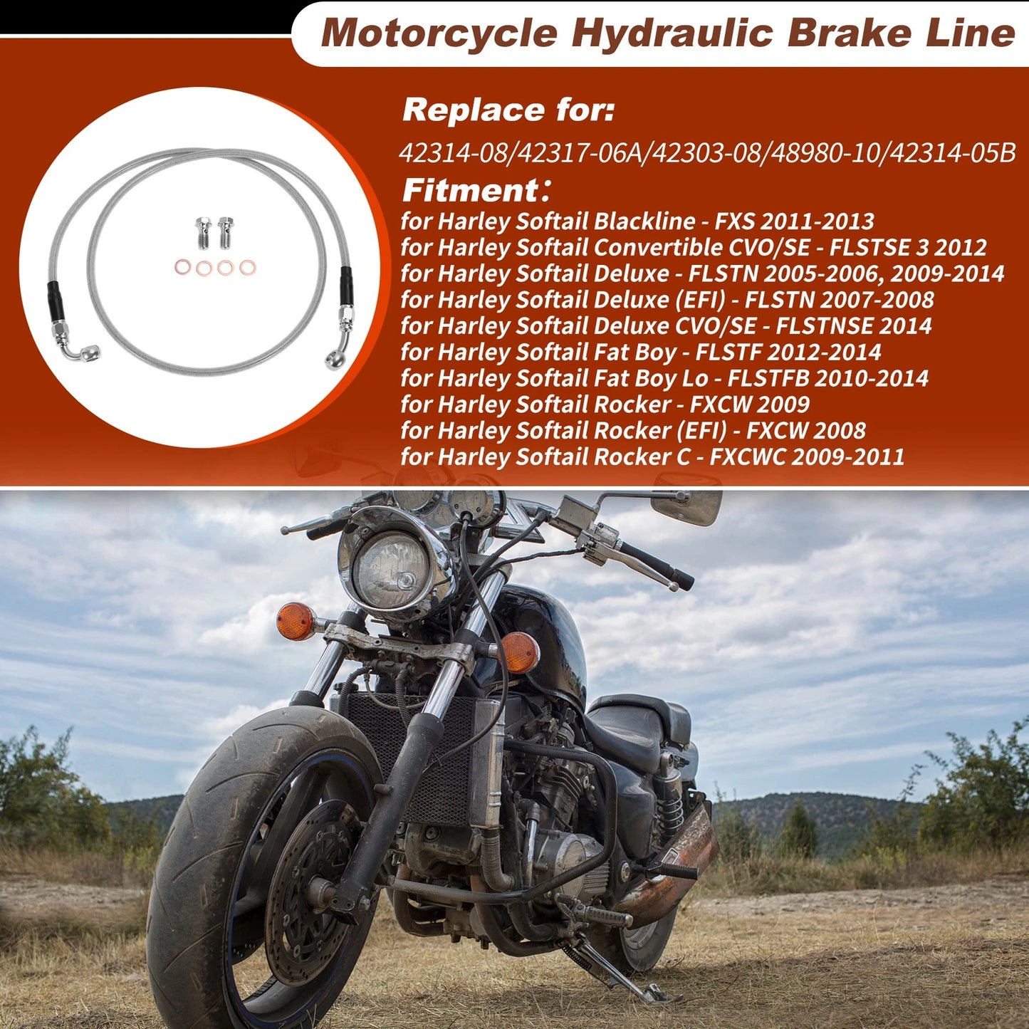 47In Hydraulic Front Brake Line Kit for Harley Softail Silver Tone