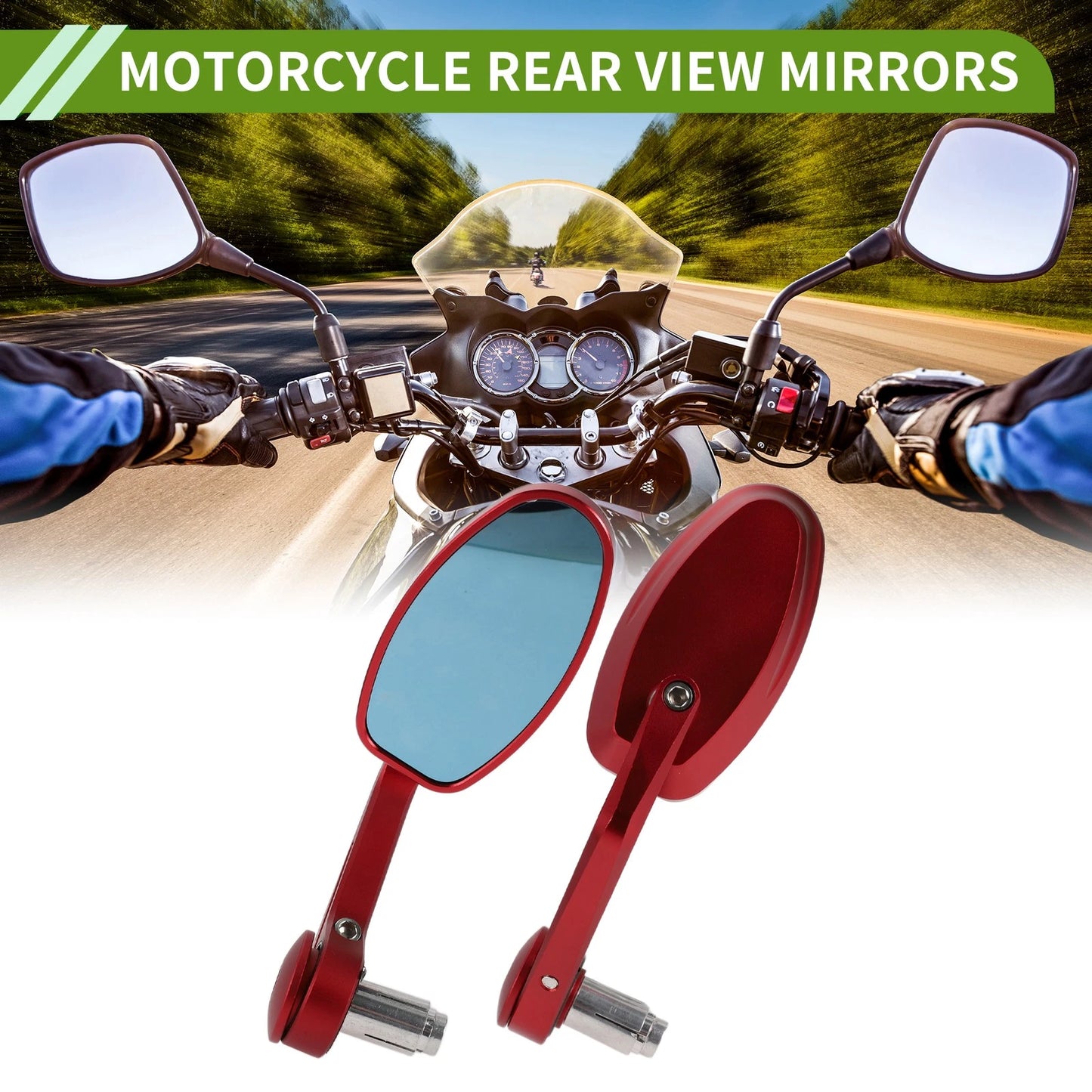 Motorcycle Rear View Mirrors Oval Shape Handlebar Mirrors Red Aluminum
