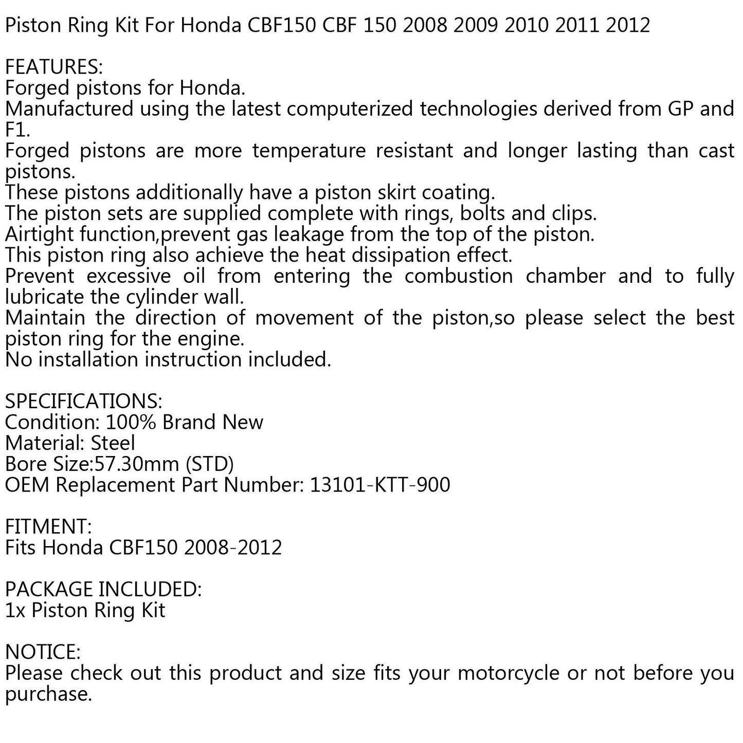 Piston Ring Kit 57.30mm for Honda CBF150 (2008-2012)