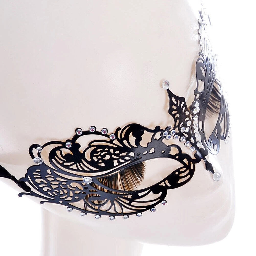 Venetian Metal Filigree Laser Cut Masquerade Black Mask with Rhinestones