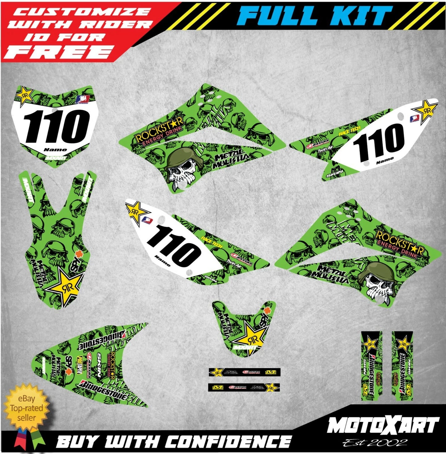 Custom Graphic Kit for Kawasaki KLX 110 (2010-2024) - Metal Style Stickers
