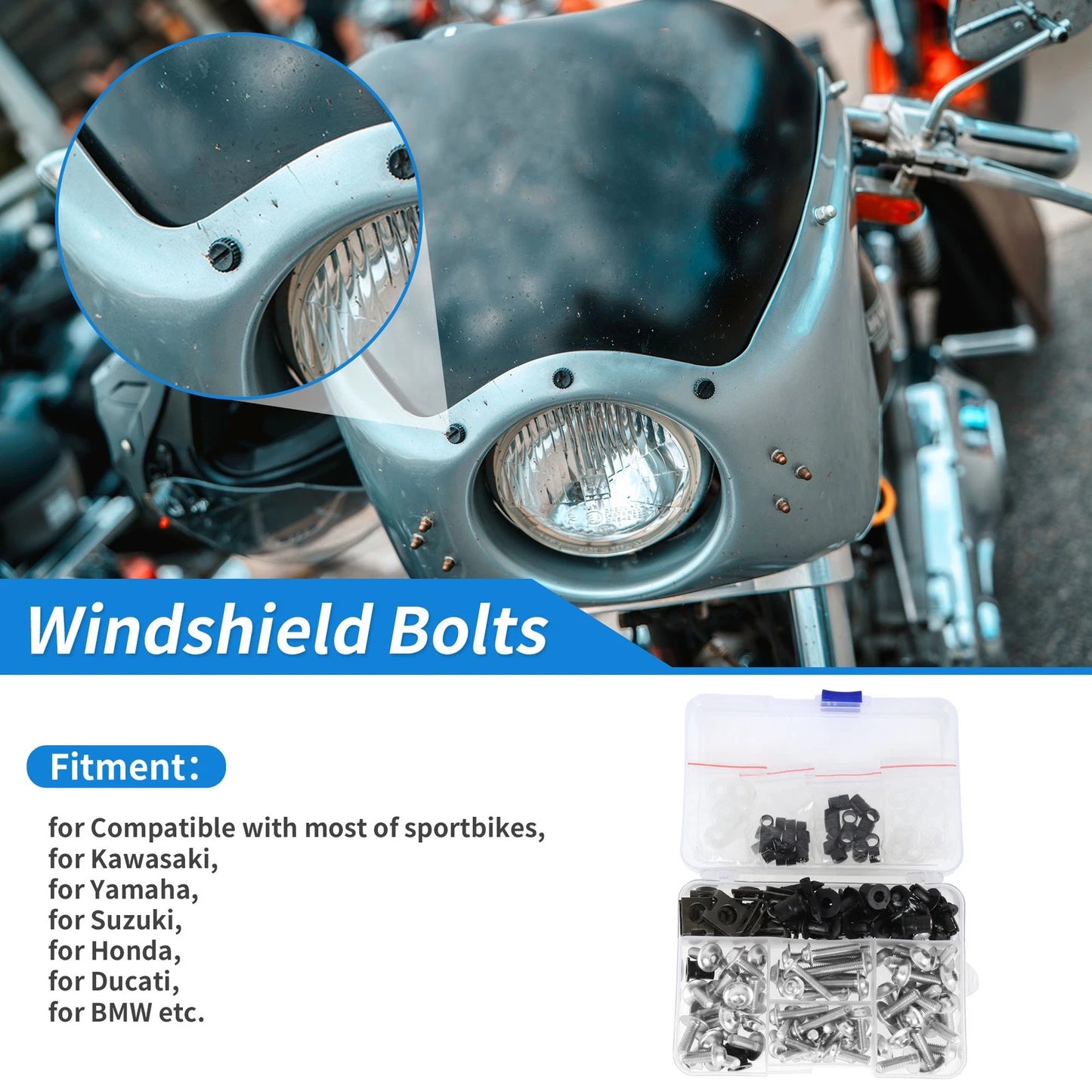 Windshield Bolts for Kawasaki Yamaha Stainless Steel Rubber Silver Tone