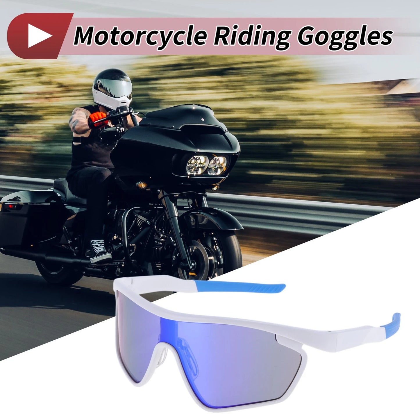 Goggles Motorcycle Riding Blue Lens White Frame PC Cycling Sunglasses