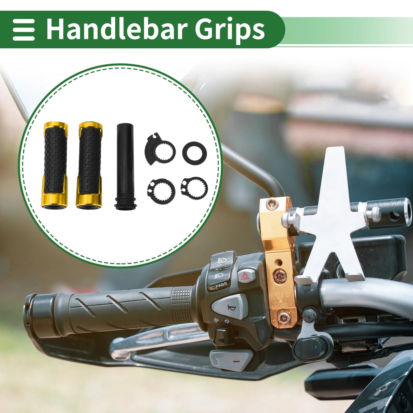 7/8 22mm Hand Grips Cover Kit for Motorcycle Black Gold Tone Square