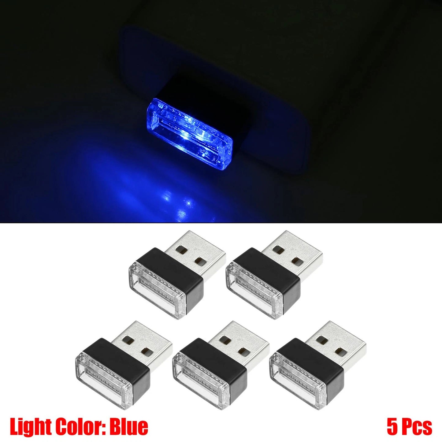 5 x Blue Mini USB LED Lights for Universal Car Interior Decoration