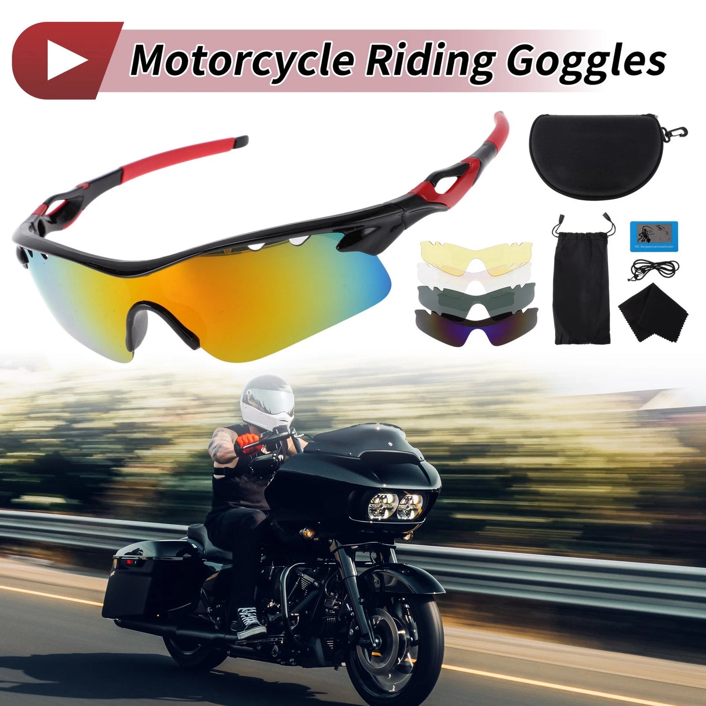 Motorcycle Riding Goggles Purple Lens Red Black Frame PC Cycling Sunglasses