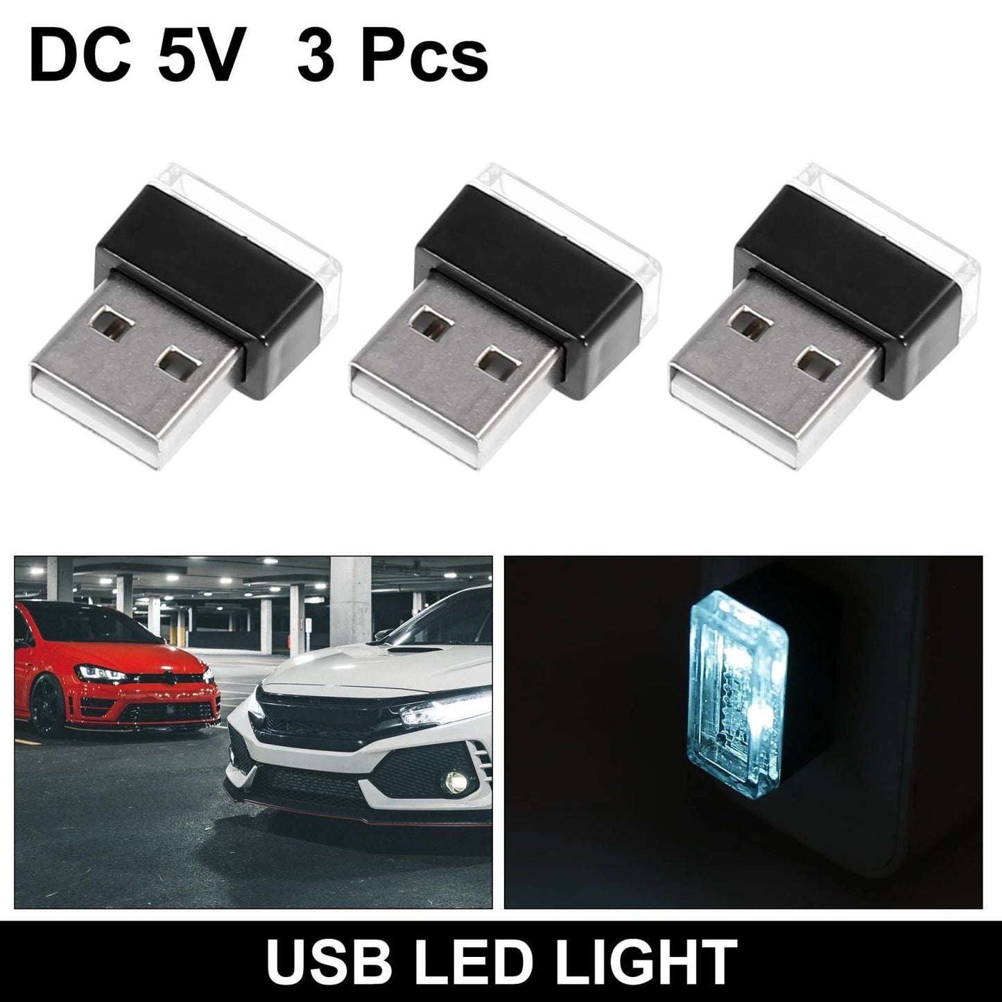 3 x Mini USB LED Lights for Universal Car Interior Atmosphere - Ice Blue