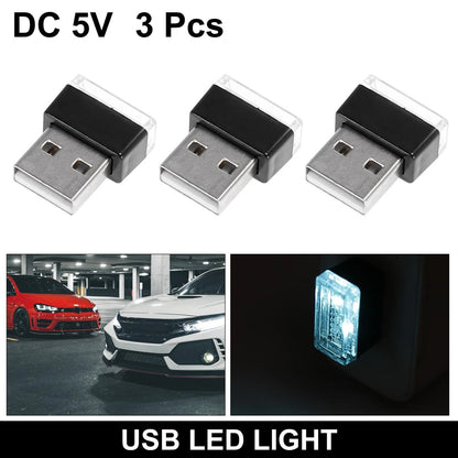 3 x Mini USB LED Lights for Universal Car Interior Atmosphere - Ice Blue