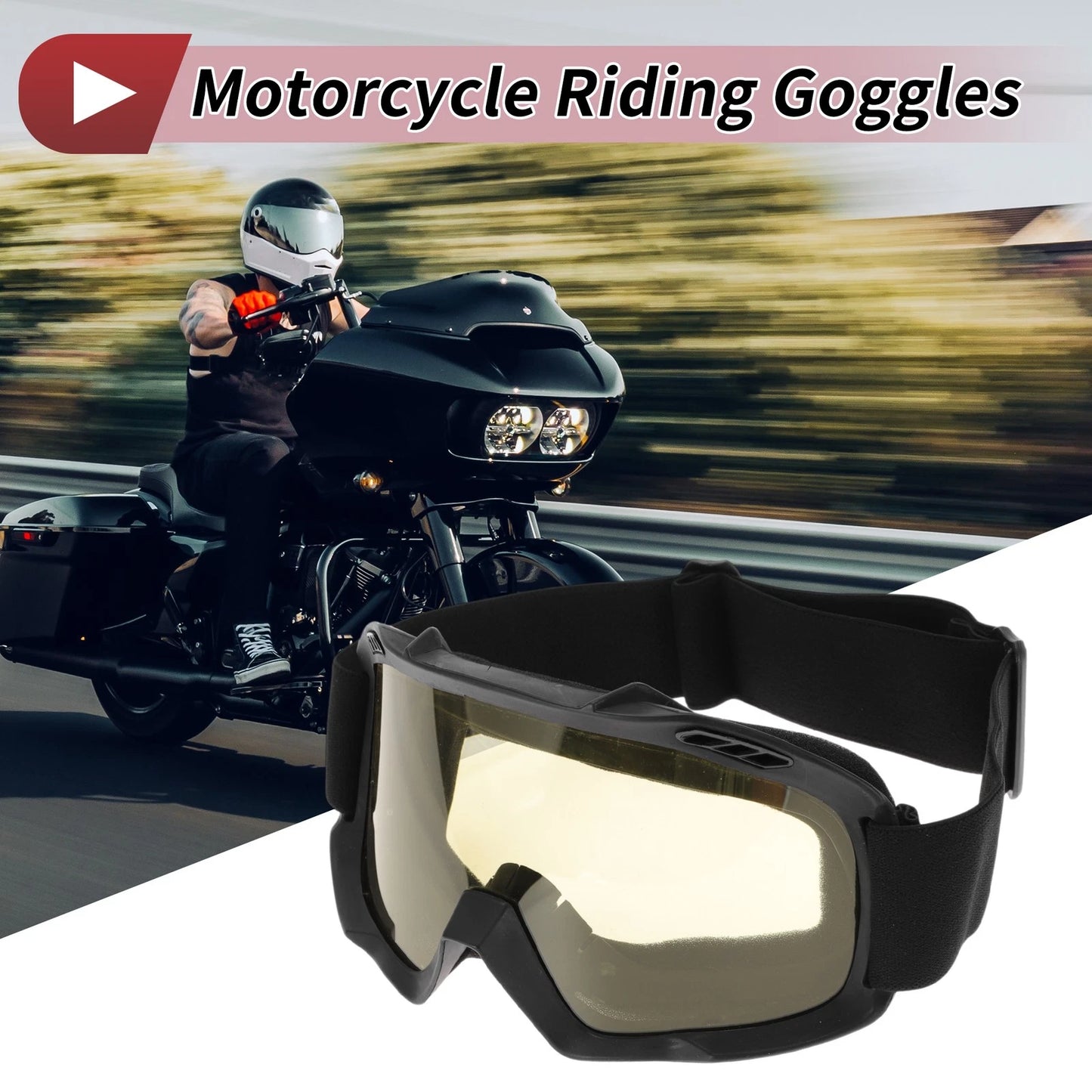 Motorcycle Riding Goggles Yellow Lens Black Frame PC