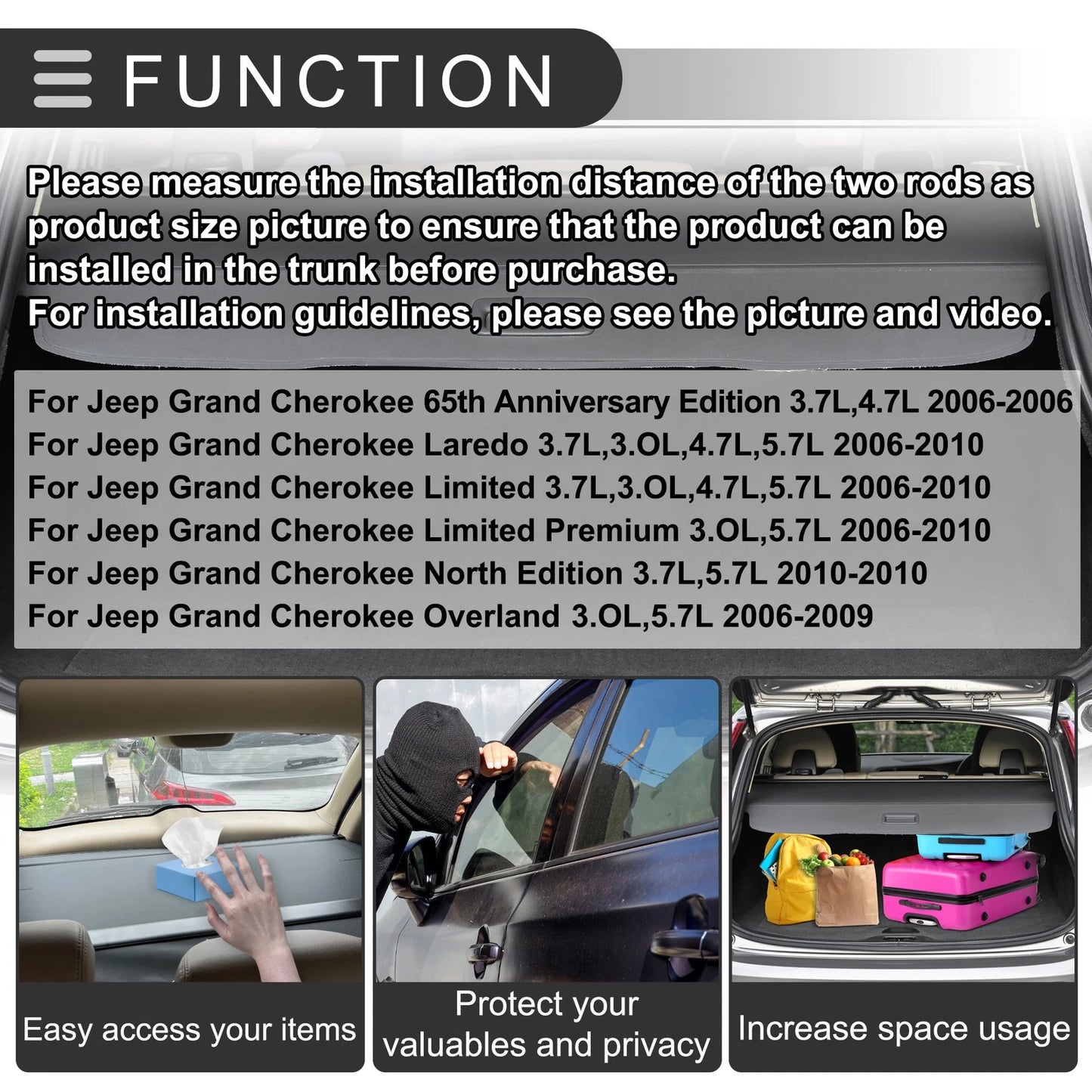 Retractable Cargo Cover for Jeep Grand Cherokee (2006-2010) Gloss Black