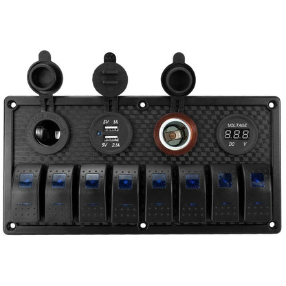 Marine Grade 8 Gang Rocker Switch Panel with USB Charger for Boats/RVs/Cars