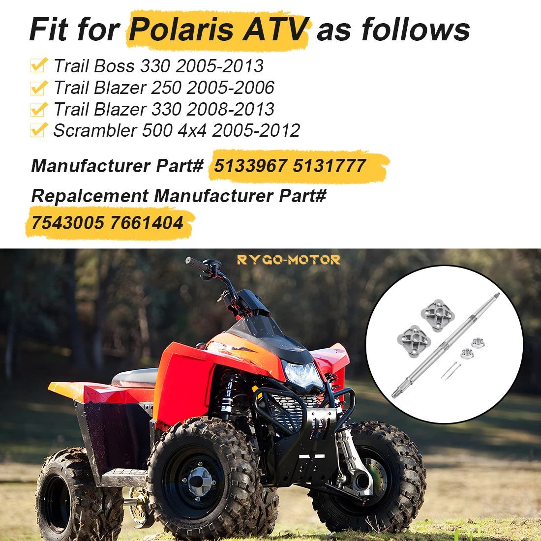 Rear Axle Shaft & Hubs for Polaris ATV Trail Blazer Trail Boss Scrambler