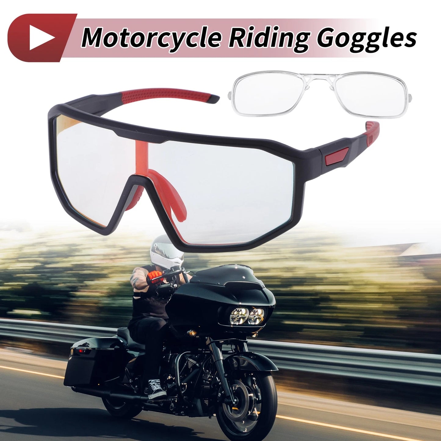 Riding Goggles Light Red Lens Black Frame PC for Motorcycle