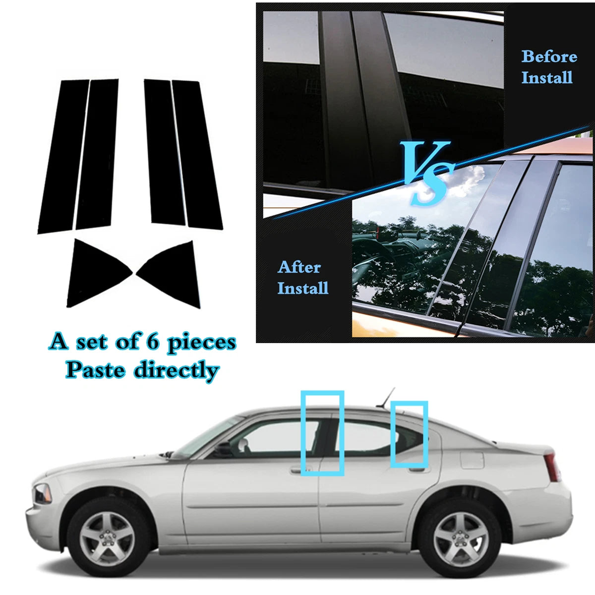 6 x Pillar Posts Door Trim Black Covers for Dodge Charger (2006–2010)