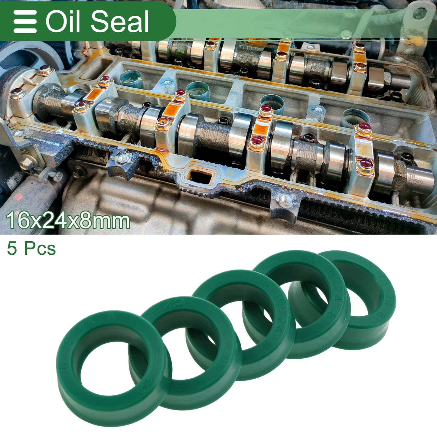 Oil Seal 5 Pcs Rotary Shaft Seal TPU 16x24x8mm High Pressure Green