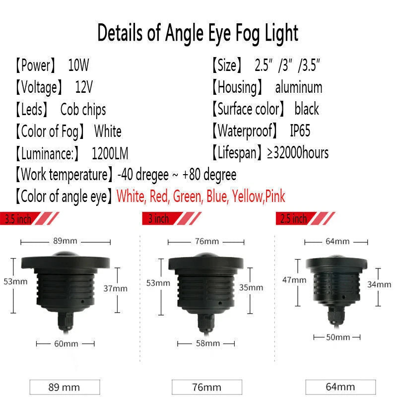 89mm LED Fog Light Lamp for Car Projector - Round Red Halo Angel Eye Bulbs