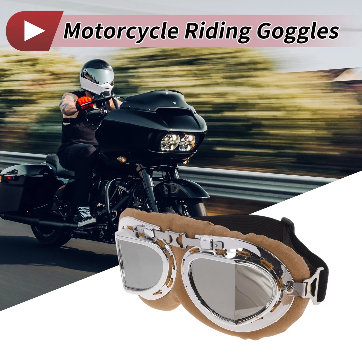 1 Pc Motorcycle Riding Goggles Silver Tone Lens Brown Frame PC PU Sponge