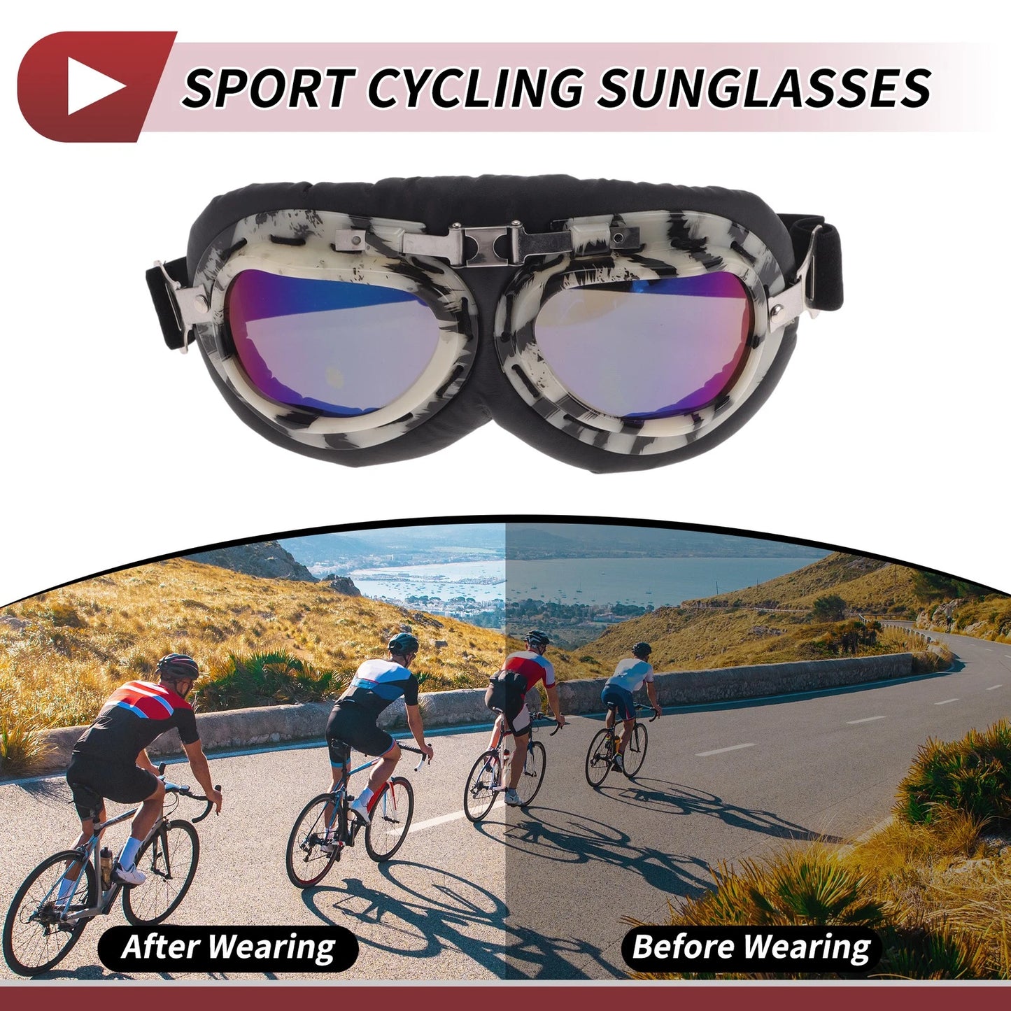 1 Pc Motorcycle Riding Goggles Colorful Lens Black/White Frame PC PU Sponge