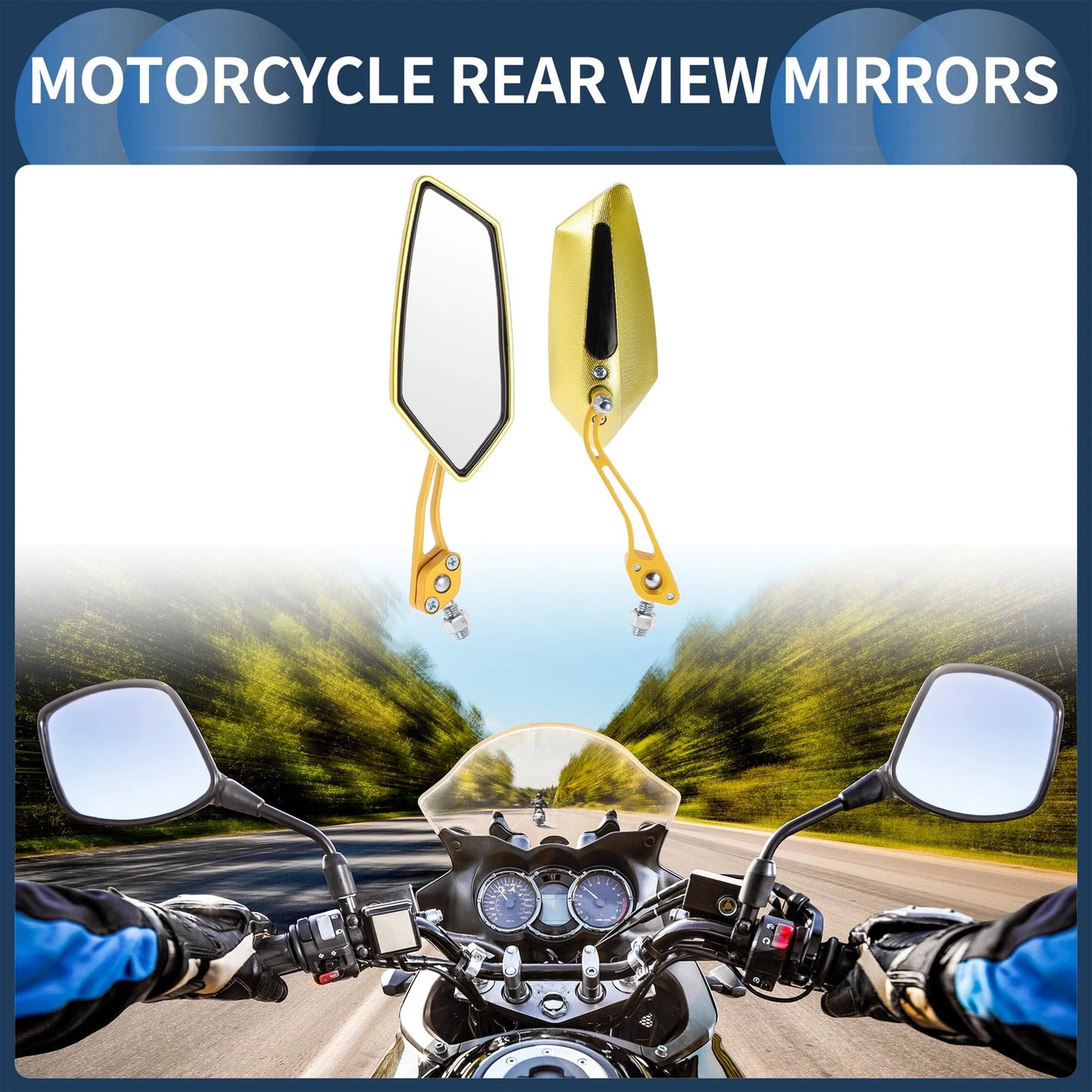 Rear View Mirrors 2 x M8/M10 for Motorcycle Light Yellow Gold Tone
