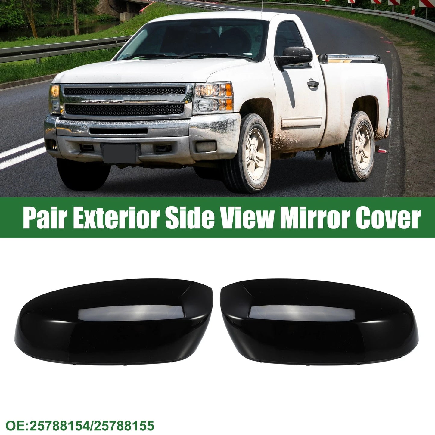 Pair Left Right Rearview Mirror Cap for Chevrolet Silverado 1500 Gloss Black