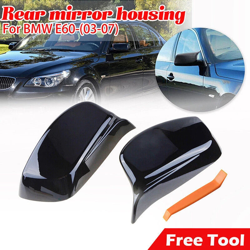 Gloss Black Side Rearview Mirror Cover Caps for BMW E60 E61 (2003-2008)