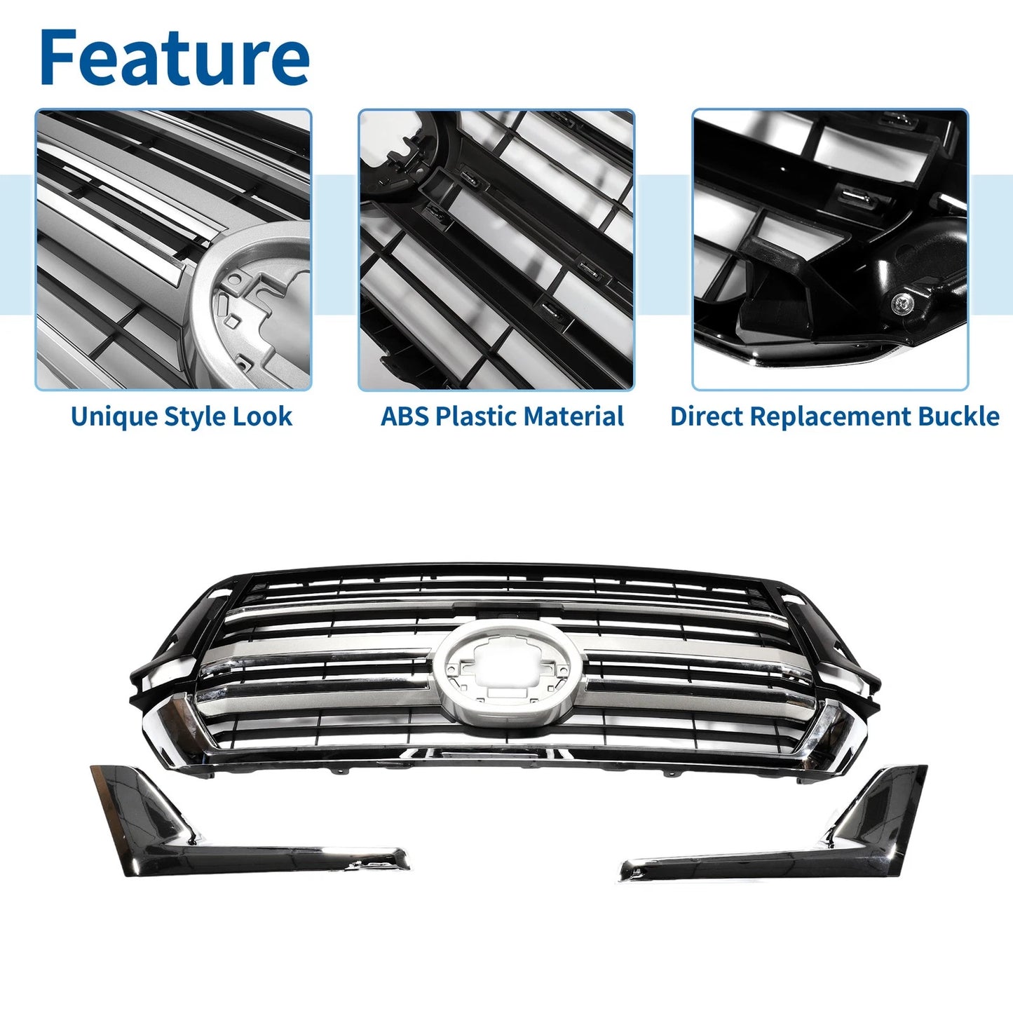 Front Upper Bumper Grille for Toyota Land Cruiser (2016-2023) Chrome Silver Tone