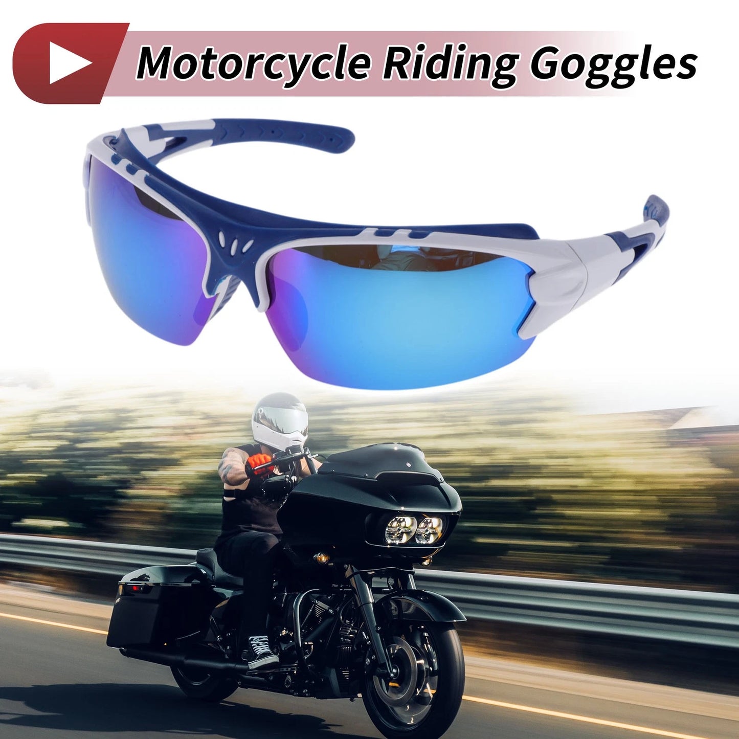 1 x Motorcycle Riding Goggles Blue Lens Blue White Frame UV400