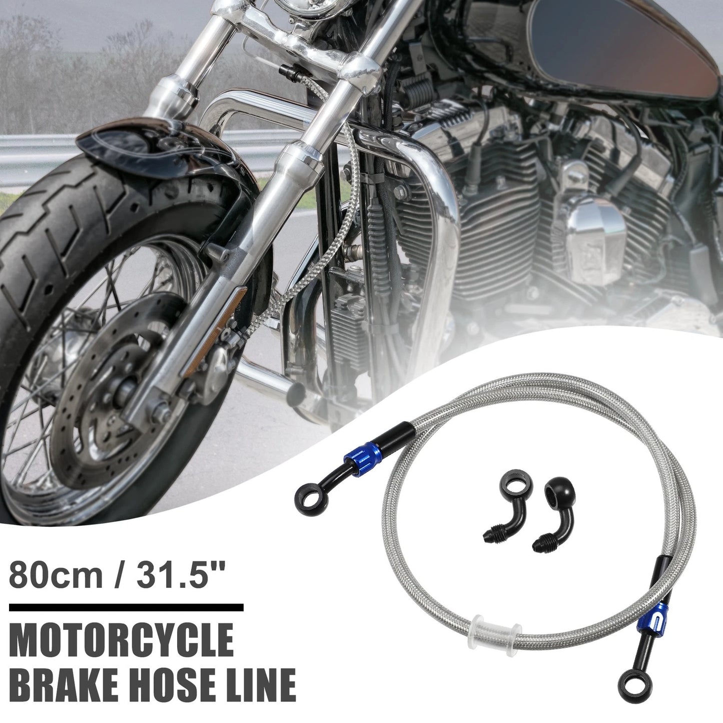 Brake Hose 90 Degree Motorcycle Braided Line 80cm Silver Tone