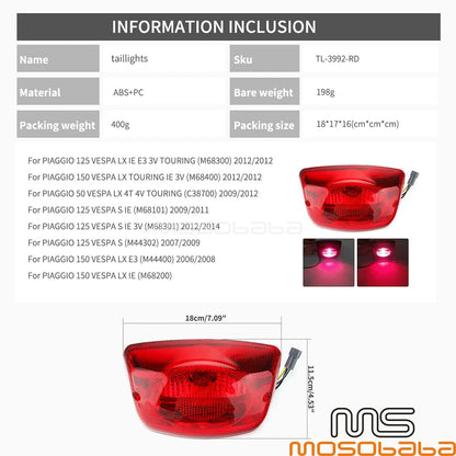 Rear Tail Light for PIAGGIO 125 VESPA LX IE E3 3V TOURING LX150 (2012)