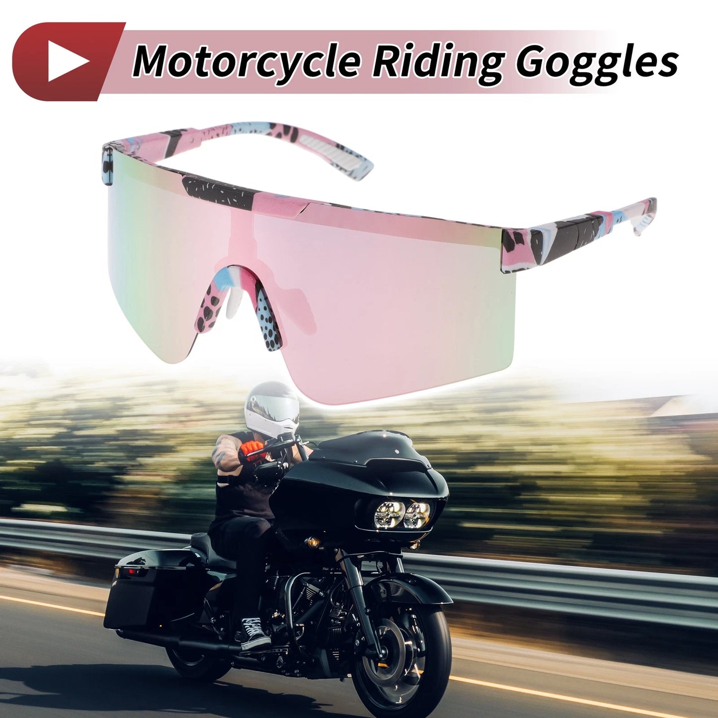 Motorcycle Riding Goggles Pink Lens Black White Pink Blue Frame PC