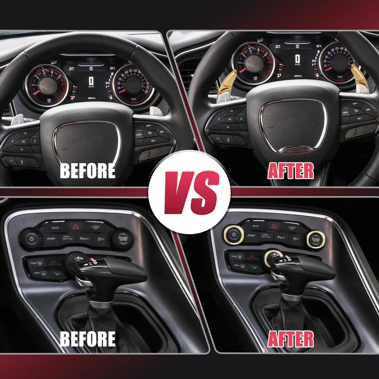 Gold Tone Inner Paddle Shifter & AC Volume Knob Cover Ring Trim for Dodge Charger