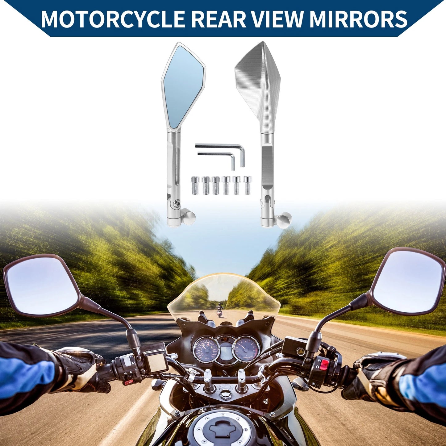 M8/M10 Rear View Mirror Prismatic Shape Silver Tone 1 Set