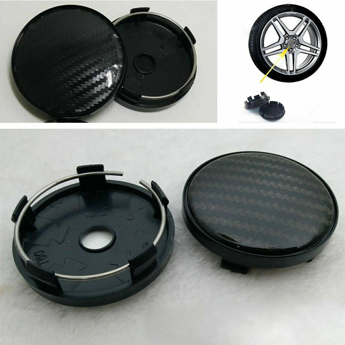 4 x Black Carbon Fiber Look Wheel Hub Center Caps Covers 60MM for Auto Car