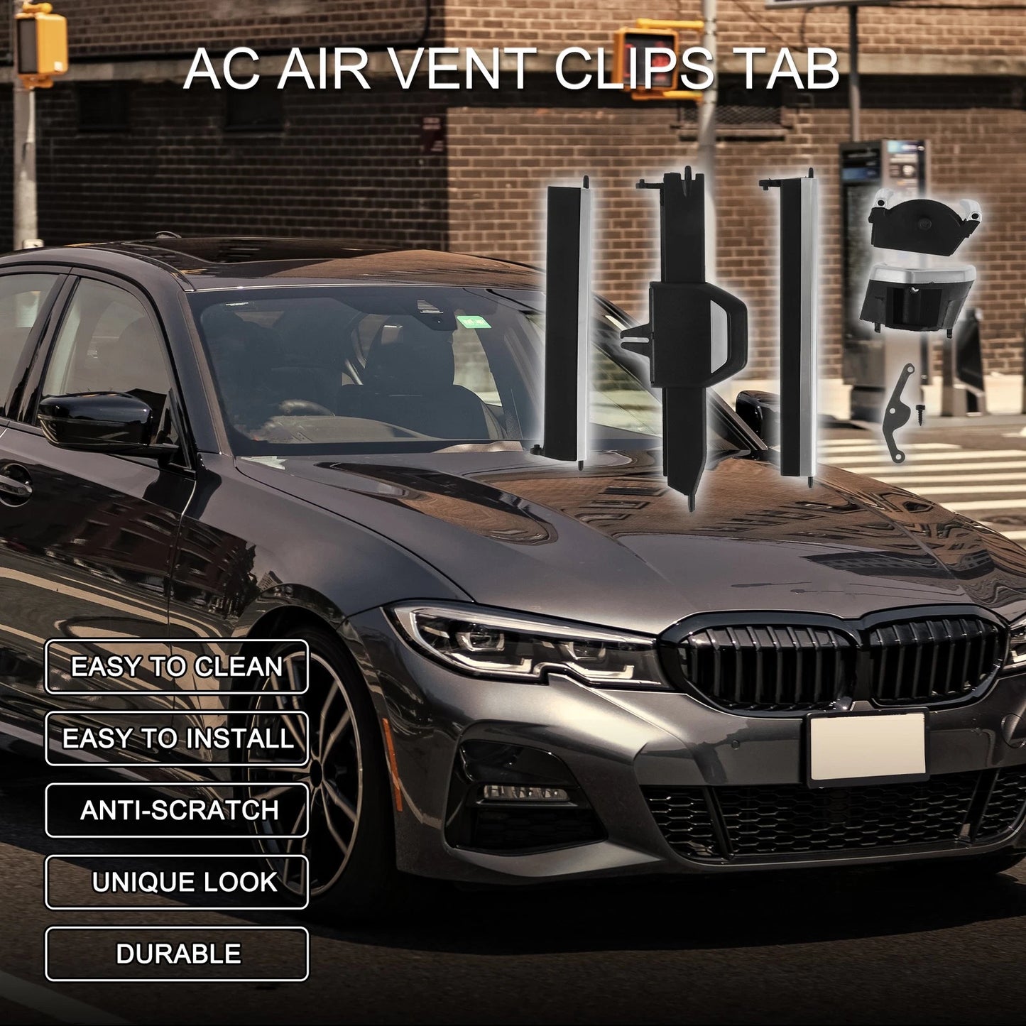 AC Air Vent Clips for BMW 3 Series G20 G21, 4 Series G22, Black Silver Tone (2019-2023)