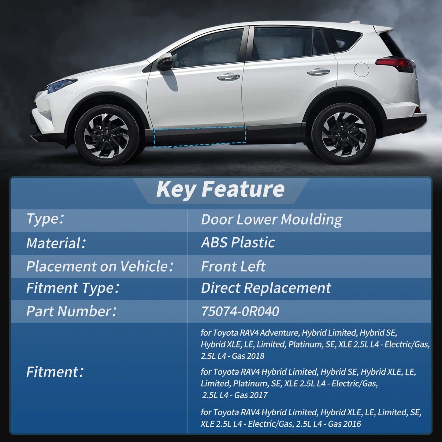 Rear Left Door Lower Trim Garnish for Toyota RAV4 2016-2018